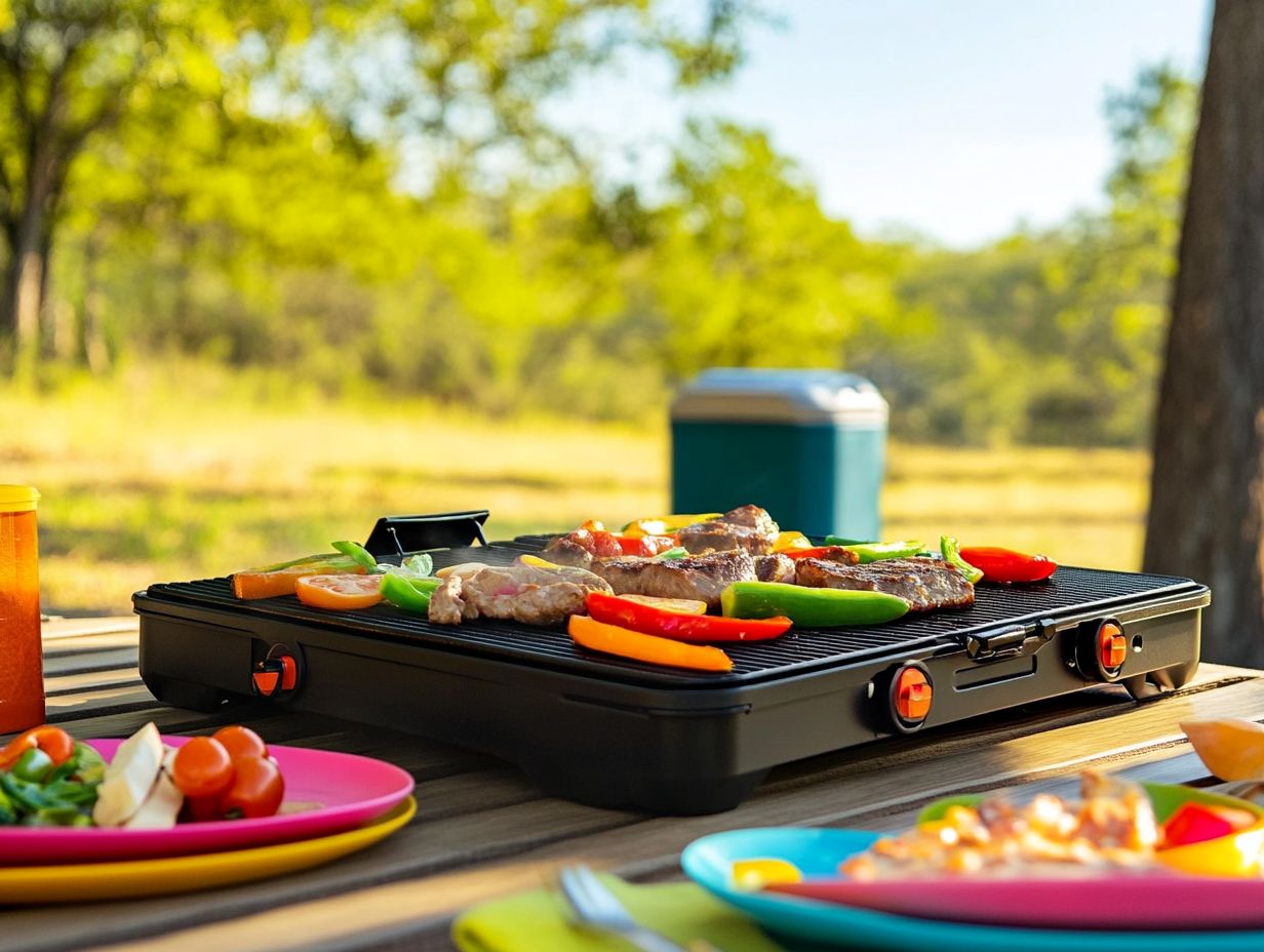 A person preheating a portable griddle outdoors