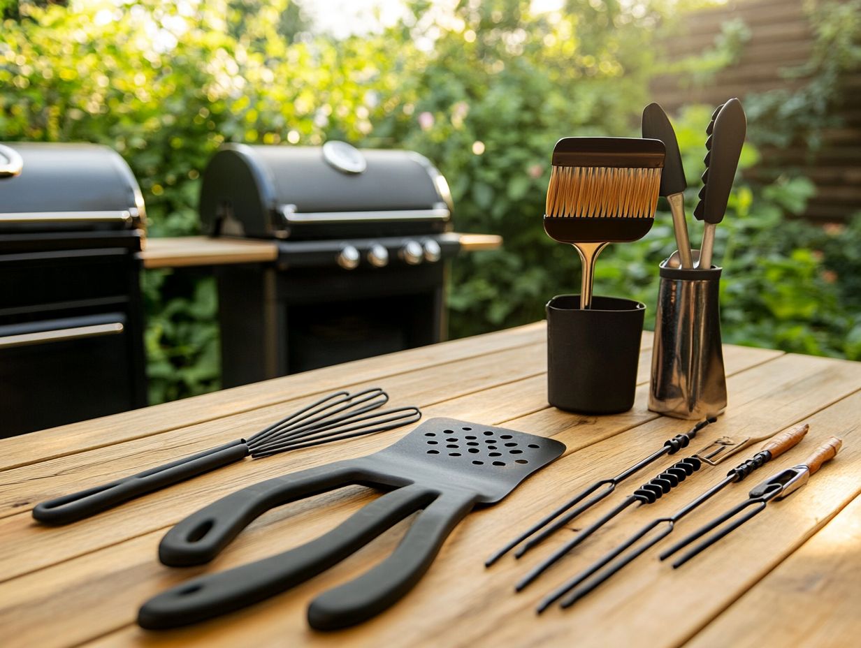 An infographic showing the top 7 grilling tools for outdoor cooking.