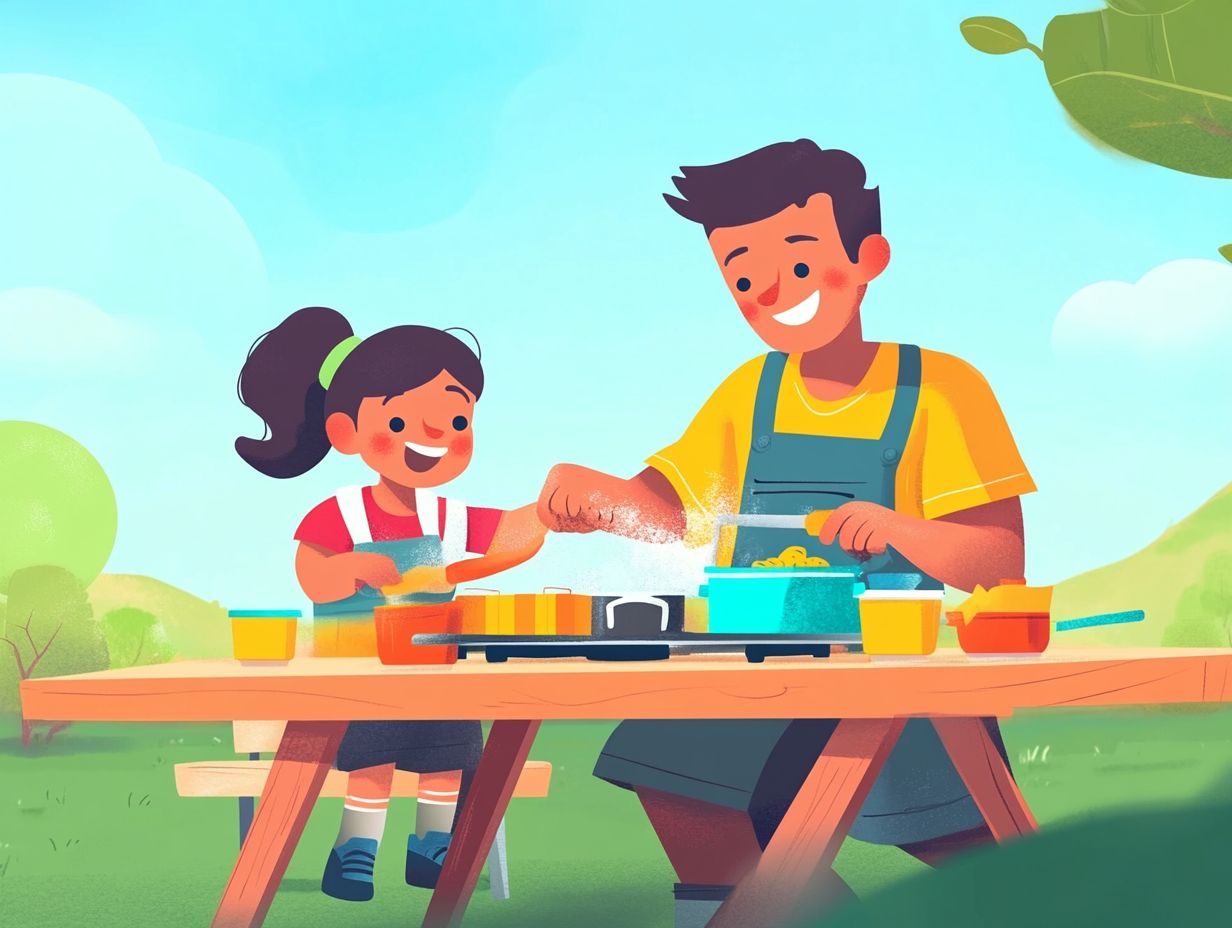 Image illustrating safe cooking practices with kids outdoors.