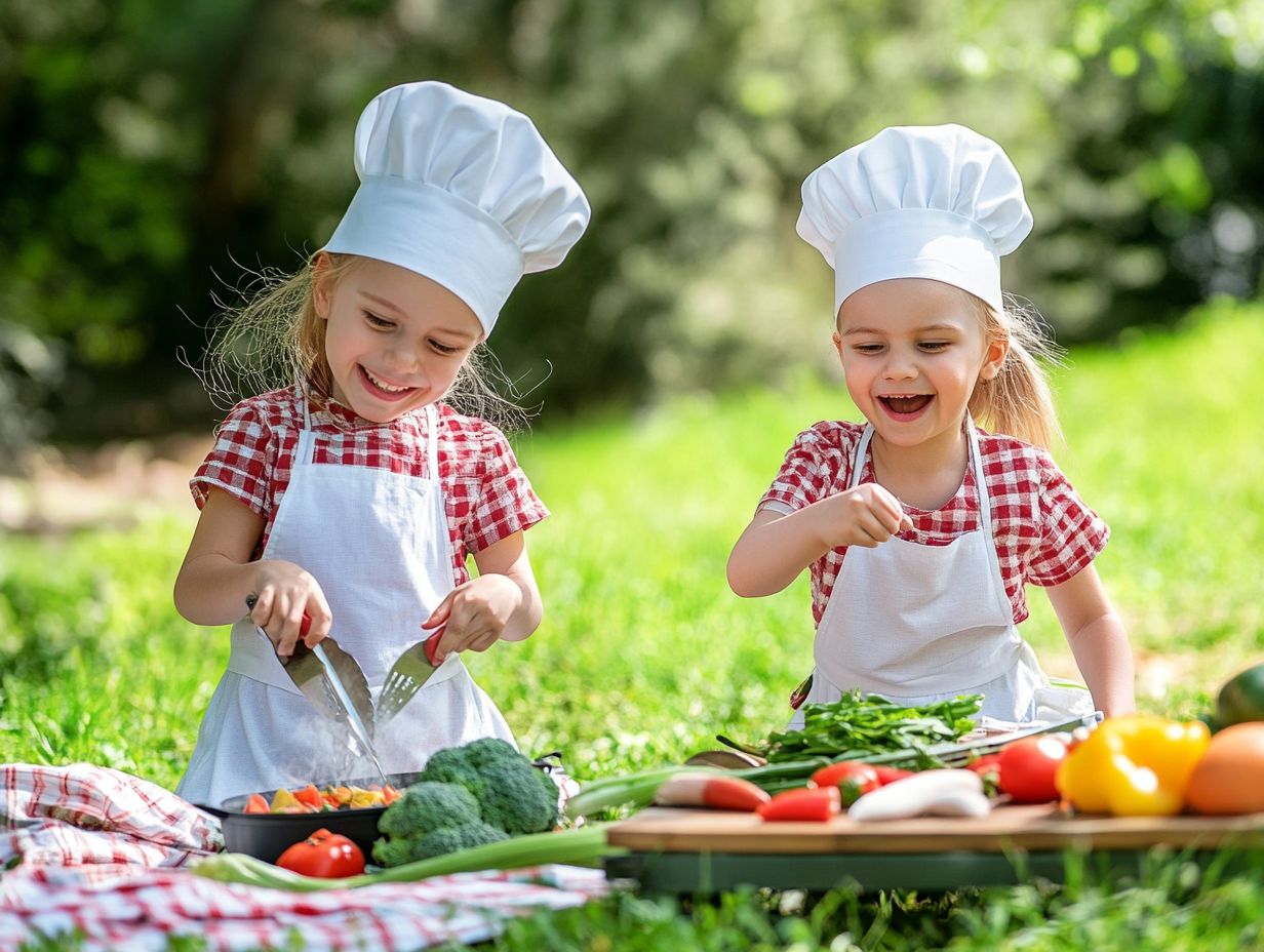 Colorful outdoor cooking setup with kids enjoying the experience.