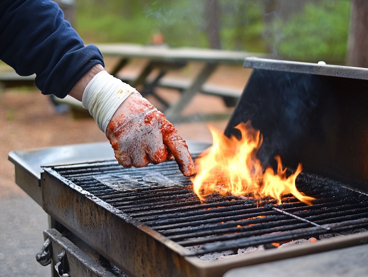 A person using gloves to prevent burns while cooking outdoors.