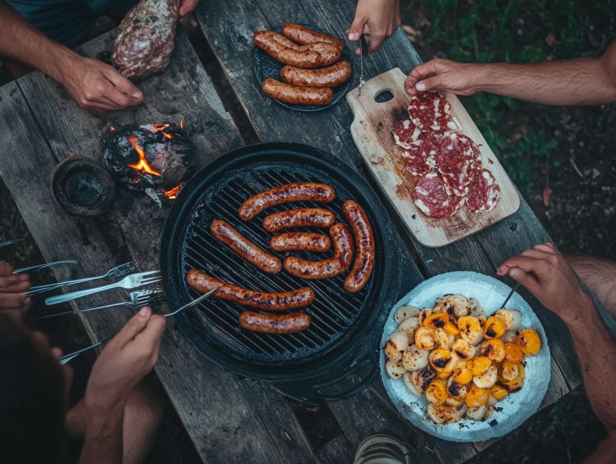 A variety of fresh ingredients prepared for outdoor cooking.