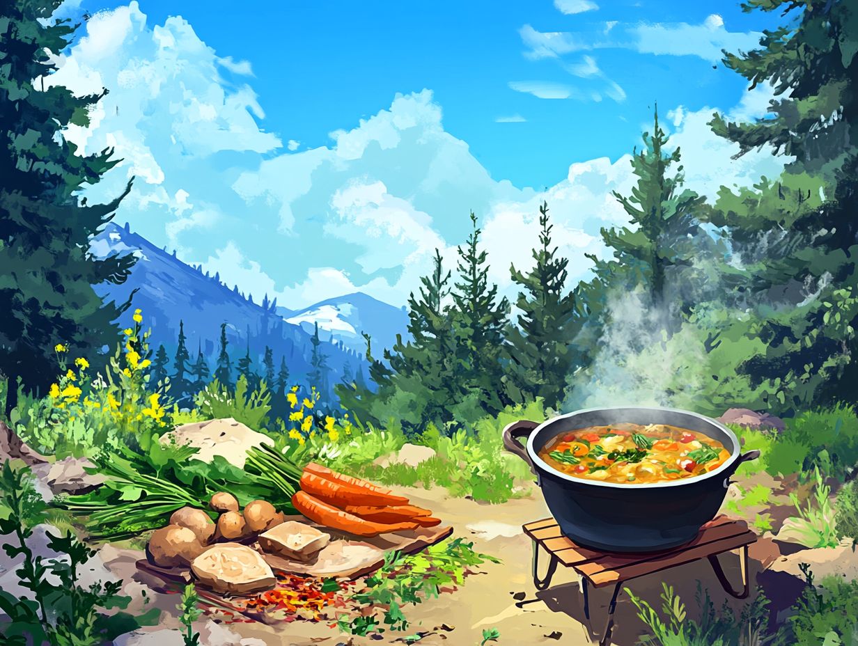 A scenic view of prepared camping food