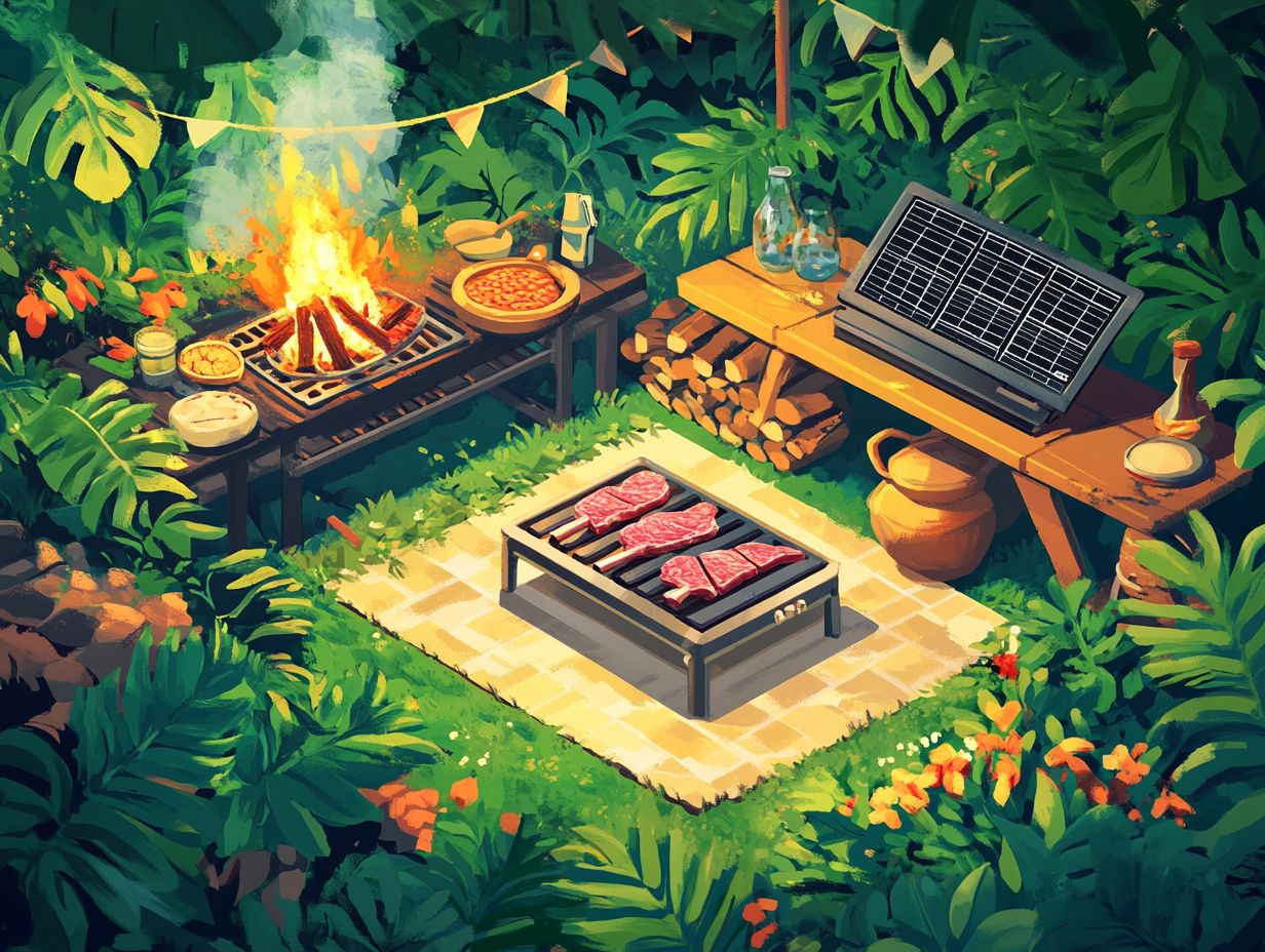 A campfire set up for outdoor cooking with a pot over the flames.