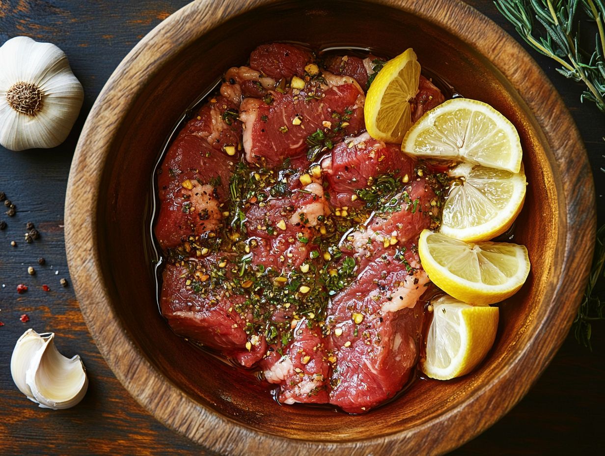 A close-up of grilled meat marinated in citrus.