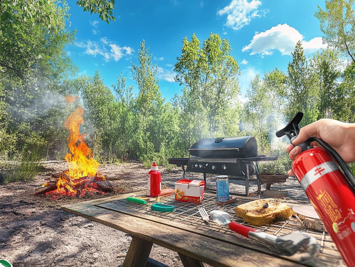 A person taking safety measures while cooking outdoors