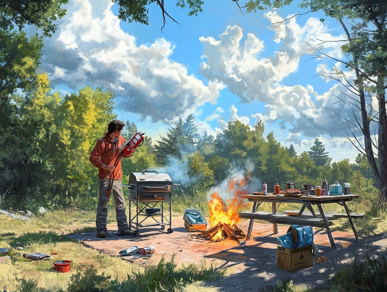 A person taking safety measures while cooking outdoors